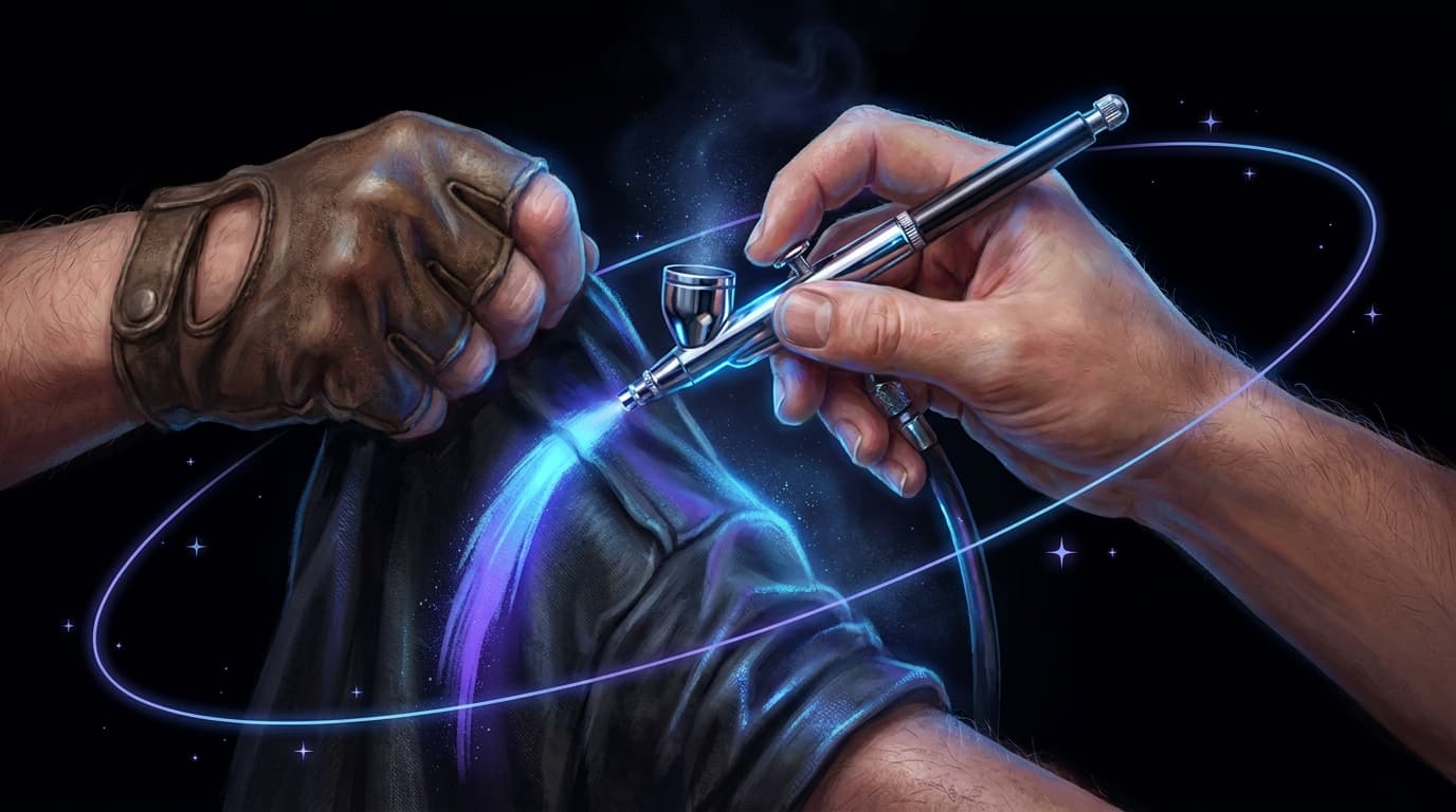 An artist's hands airbrushing, luminous mist in the air