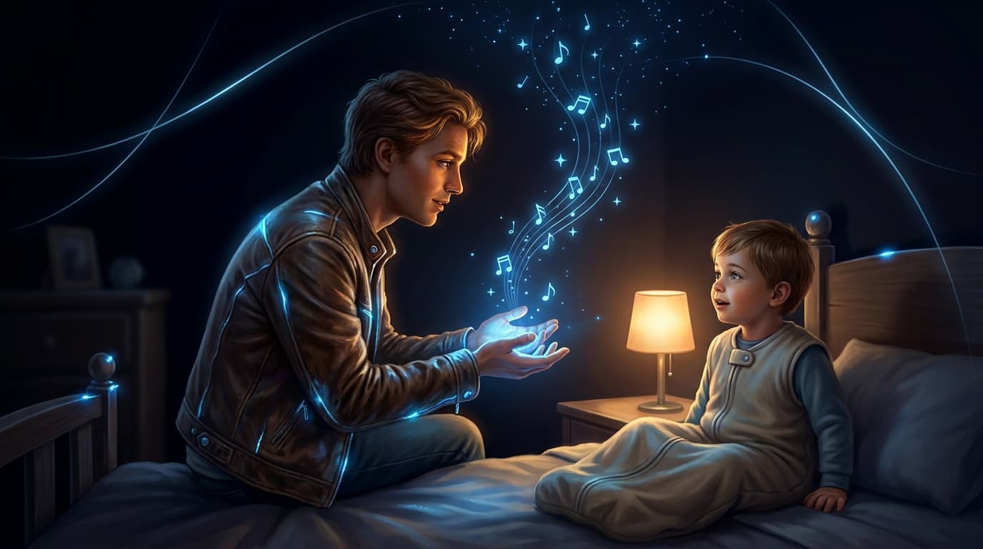 A parent singing a lullaby as luminous notes rise